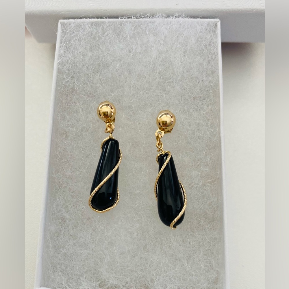 14K Yellow Gold 1” Onyx Dangle Gold Wire Twist Drop Earrings Vintage Unique - Picture 7 of 8